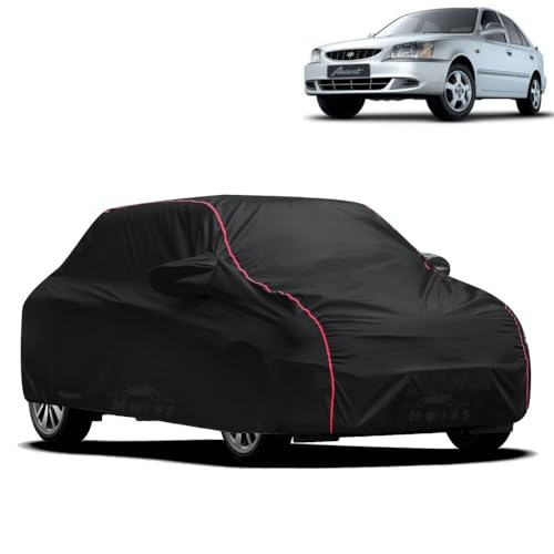 Image of Waterproof Car Cover for Hyundai Accent Viva | All-Weather Protection, Dustproof & UV Resistant | Triple Stitched Mirror Pockets, Windproof Buckle Strap with Elastic Hem, Black-Red Piping