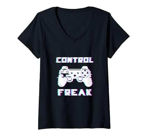 Womens Control Freak Play Arcade Game Over Playing Games Gaming Win V-Neck T-Shirt, Black