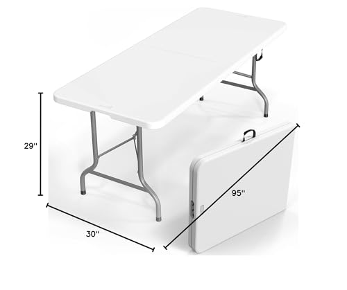 VINGLI 8 Foot Plastic Folding Table Portable Long Table for Indoor Outdoor Use Rectangular with Carrying Handle,White
