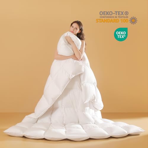 Feather Down Fiber Comforter Queen Size, Ultra Soft 100% Cotton Duvet Insert, Luxurious Hotel Collection White Bedding Comforters, All Season Medium Warmth 90 x 90 Inch.