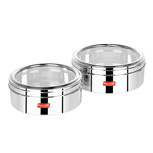 Image of Sumeet Stainless Steel Flat Canisters /Puri Dabba /Storage Containers With See Through Lid Set Of 2Pcs (1Ltr, 1.5Ltr), Beige