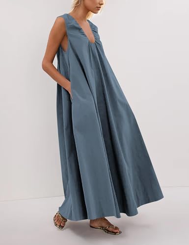 Image of OLAPTA Women Summer Sleeveless Maxi Dress Scoop Neck Ruched Loose Fit Casual Elegant Solid Vacation Long Dress with Pockets