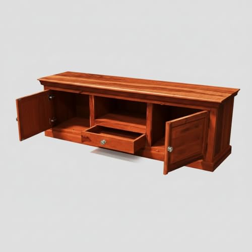 Image of APRODZ Sheesham Wood Tv Unit Cabinet with Shelves and one Drawer (Sheesham - Honey)