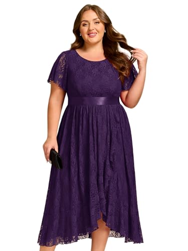 Image of Ever-Pretty Plus Women's Lace Round Neck Short Sleeves High Low Plus Size Midi Cocktail Wedding Guest Dresses Deep Purple US14