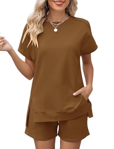 Image of LOMON Womens Fashion 2 Piece Outfits Sweatsuits 2026 Summer Short Sleeve Loungewear Tracksuit Round Neck Lounge Shorts Sets