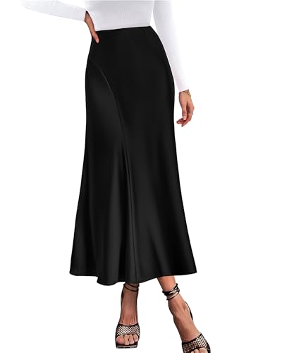 Image of KIRUNDO Women's Satin Maxi Skirt 2026 Summer Fall Trendy High Waisted Wedding Cocktail Party Work Silk A-Line Formal Skirts