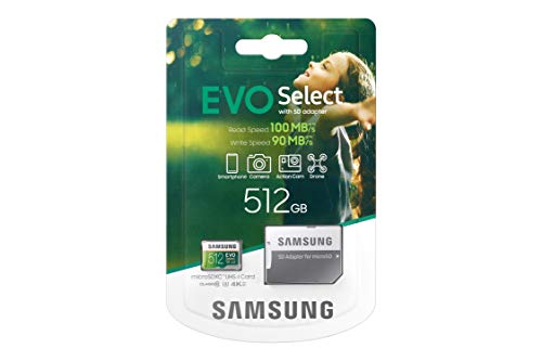 Samsung EVO Select 512 GB microSD 100 MB/s, velocidad Full HD & 4K UHD tarjeta de memoria incluye adaptador SD para…