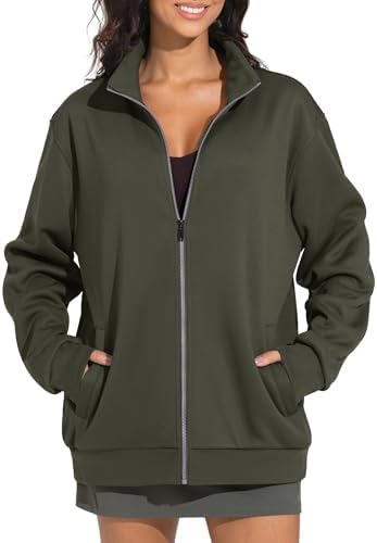 THE GYM PEOPLE Women's Oversized Full Zip Up Sweatshirts Fleece Long Sleeves Stand Collar Workout Jacket with Pockets