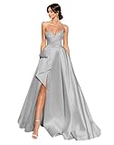 KISKEZ A Line Satin Long Wedding Dress for Bride, V Neck Formal Evening Gown Prom Party Dress for Women with Slit Silver