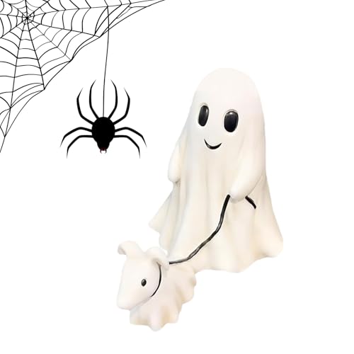 Ajuanbazha Halloween Ghost Walking Dog Statue, Geist mit Hunde Figur, Harz, 2024 Neue Halloween Dekoration, Junge