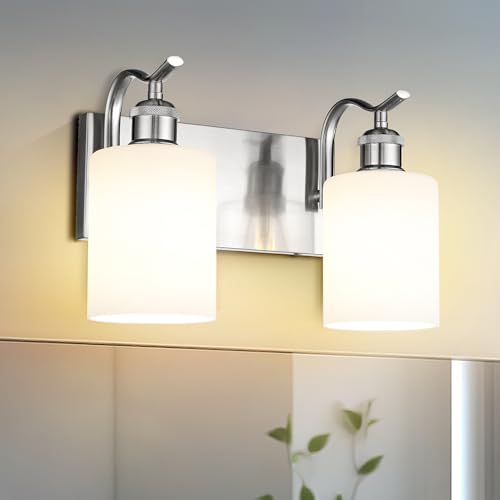 Image of Milk Glass Bathroom Light, 2-Light Vanity Light Fixture, Brushed Nickel Wall Sconce, VL01BNW-2