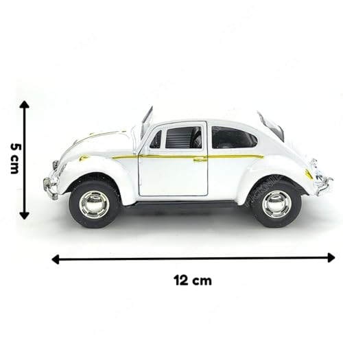 Image of Classic Vintage VW Beetle Diecast Metal Pullback Toy car with Openable Doors for Kids | 1:36 Scale Model | Pull Back | Gift for Boys Girls (White)