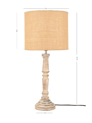 Image of Green Girgit Empire Wooden Lamp in Distress White Color with Jute Brown Lamp Shade, Reading & Bedside Table Lamp, Home & Living Room Decor