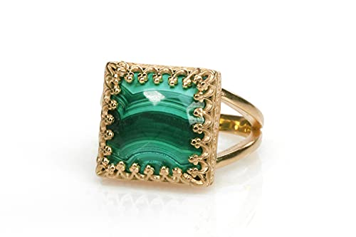 Bague en or rose 14k avec malachite véritable style vintage