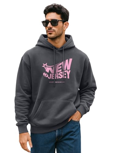 Image of Veirdo Polycotton Spun Oversized Fit Hooded Sweatshirt Full Sleeves Front Chest Graphic Printed Drop Shoulder Jumper Hoodie for Men (Colors: Blue, Black, Gray, Smoke Pine & Peach)