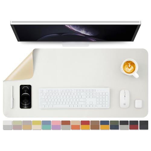 両面レザーデスクパッド、PUデスクマット、防水デスクプロテクター、オフィス/ホーム/ゲーム/デコ用デスクマウスパッド(白+クリーム入り、90cm*43cm)