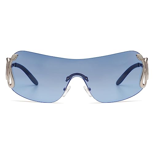 Rimless Y2k Sunglasses for Women Men Trendy Oversized Wrap Around Snake Shades AP3652