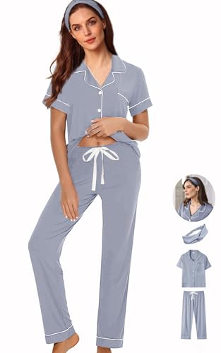 Image of WJing Yi Jia 3Pcs Soft Pajama Sets For Women XS-XXL Womens Pajamas Set Sleepwear Button Down Short Sleeve Long Pants Pj sets