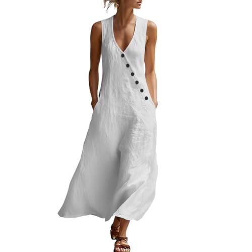 Summer Maxi Dresses for Women 2026 Linen V Neck Sleeveless Beach Sundress Button Casual Loose Tank Dress with Pockets White