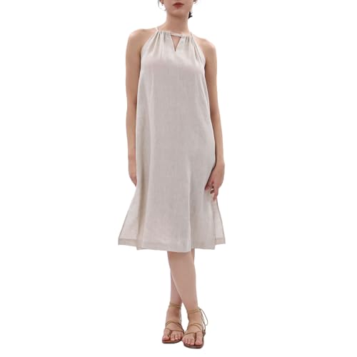 Amazhiyu Leinen-Sommerkleider für Damen, lässiges Midi-Damenkleider, V-Ausschnitt, ärmellos, Neckholder, Kordelzug, Raffhalter mit Taschen, leinen,...