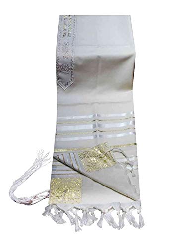 100% Wool Tallit Prayer Shawl in White and Gold Stripes Size 51