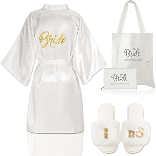 Tudomro 4 Pcs Bride Wedding Slippers Bridal Gifts Bride Bridesmaids Short Satin Robes Bride Tote Carry Bags