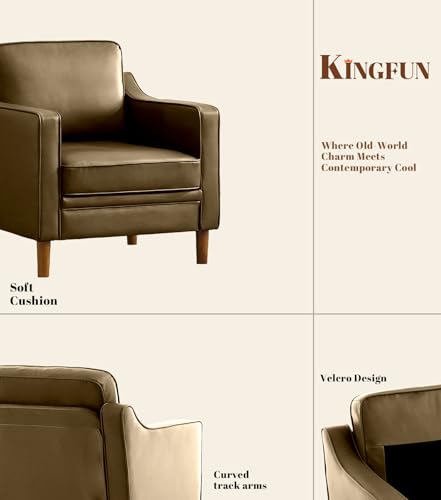 Image of Kingfun Accent Chair, Living Room Chairs, Faux Leather Reading Armchair, Mid Century with Solid Wood Foot, Upholstered Modern Decor for Bedroom, Apartment