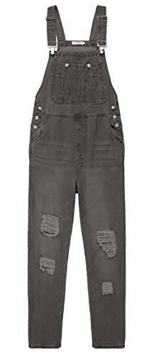 CHARTOU Women's Adjustable Straps Loose Distressed Bib Overall Ripped Denim Pants Jumpsuit (Small, Grey)