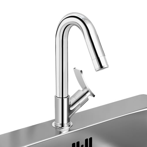 Image of Plantex Solid Brass High Neck Pillar Cock Water Tap with Teflon Tape /360 Degree Swivel Spout /Single Lever Tabletop Basin Sink Cock (Star, Chrome)