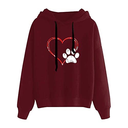 Sudadera con capucha para mujer estampada suelta casual manga larga sudadera Tops J604, Vino, XL