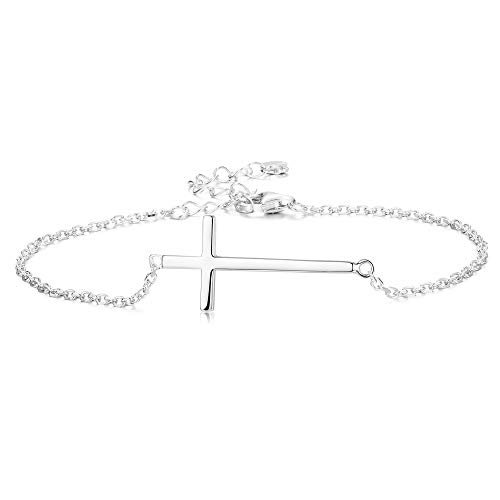 Sllaiss 925 Sterling Silver Sideways Cross Anklet for Women Men Dainty Adjustable White Gold Plated Ankle Bracelets Beach Foot Jewelry (Silver)