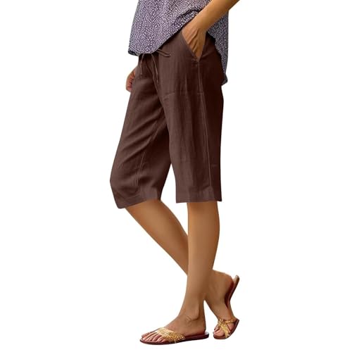 Linen Capri Pants for Women Lightweight Elastic Waist Capris with Pockets Drawstring Knee Length Summer Beach Shorts