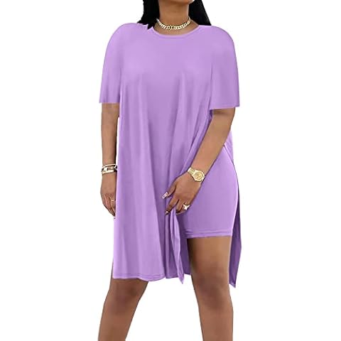 AOMONI Plus Size Two Piece Outfits For Women Summer Casual Tracksuit Side Split Short Sleeve Tunic Tops Shorts Sets Purple X-Large Cover