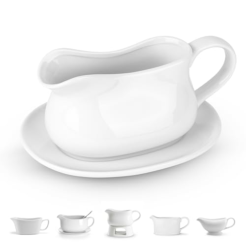 Kook Gravy Boat & Saucer, 17 oz, Ceramic Serving Dish, Dispenser with Tray for Sauces, Dressings and Creamer, Large Handle, Microwave and Dishwasher Safe, White (Classic Gravy Boat)