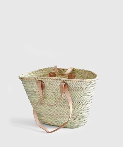 Bolso de mercado francés con asas planas dobles de cuero – Elegante bolso de paja marroquí para la playa y uso diario miniatura 2