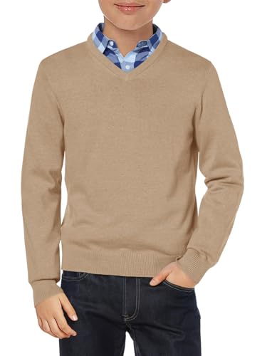 Haloumoning Jersey para niños con cuello en V, uniforme de manga larga, jersey de punto monocolor, básico, informal, ligero, caqui, 9-10 años