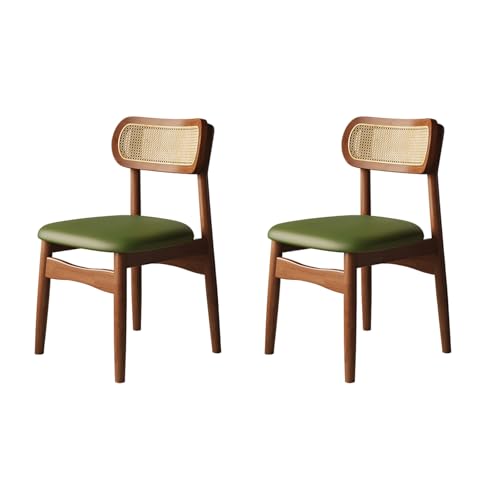 Juego de 2/4/6 sillas de comedor modernas con respaldo de ratán, marco de madera maciza, asiento de cuero tapizado, muebles elegantes de cocina y oficina, color nogal y verde oscuro