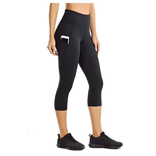 CRZ YOGA Mujer Cintura Alta Leggings Deportivas Fitness Running Pantalones Capri con Bolsillos -48cm Negro -R432 42