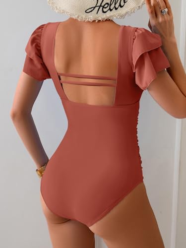 Image of Eomenie Women's Tummy Control One Piece Swimsuit Ruffle Square Neck Bathing Suit Ruched Cutout Back Slimming Swimwear