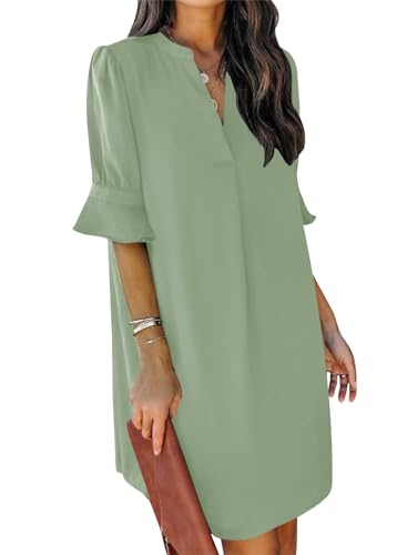 Image of QACOHU Womens Summer V Neck Shift Mini Dresses 2026 | Basic Flowy Swing Dress, Ruffle Short Sleeve, Loose Fit, Straight, Floral Boho Style, Casual Beach Wedding Guest Outfits