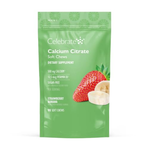 Celebrate Vitamins Bariatric Calcium Chews 500 Mg with Vitamin D3 3 Months Supply (90 Chews) for Gastric Sleeve & Bypass Bone Health Support Sugar & Gluten Free Strawberry Banana Cream