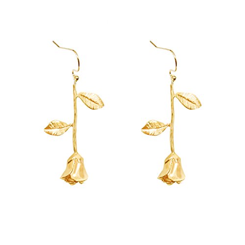 Romantic Rose Flower Dangle Hook Earrings for Women and Girl (Gold)