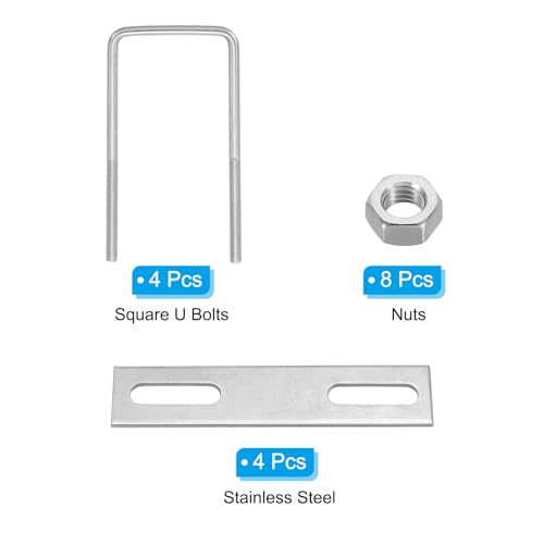 Image of PATIKIL M6x50x120mm Square U-Bolts Kit, 4Set 304 Stainless Steel Square U Shaped Bolts Replacement Parts with Frame Plates and Nuts for Ski Board Sailboat Trailer