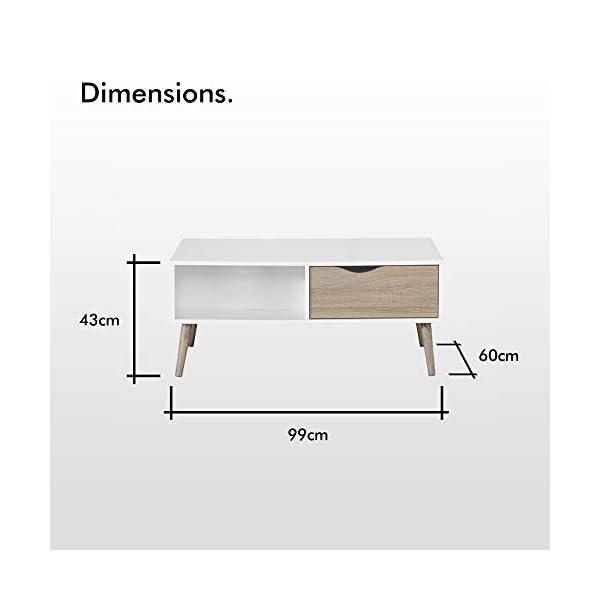 VonHaus White Coffee Table with Storage - Coffee Tables for Living Room with Light Oak Effect, Shelf & Soft Close Drawer, Modern Scandi Furniture, 99x60x43cm - Image 8
