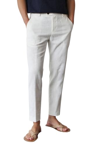 Image of GINGTTO Linen Pants Men Slim Fit Elastic Waistband Lightweight Summer Beach Fashion Casual Pant