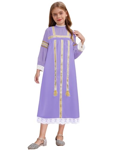 Child Girls Russian Ethnic Performance Dress Embroidered Blouse with Overalls and Headpiece Purple 10 Years