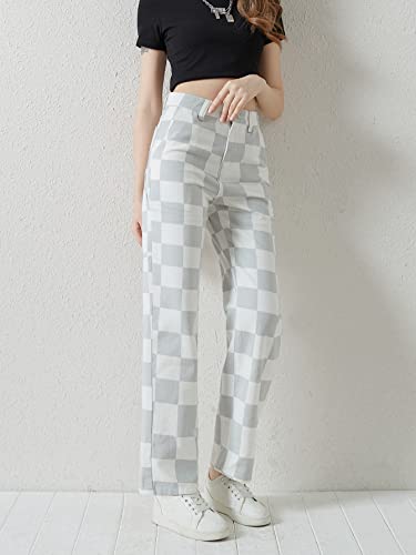 WDIRARA Girl's Checkered High Waisted Denim Pants Straight Leg Jeans3