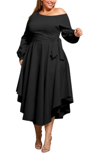 Plus Size Formal Dresses for Women Off Shoulder Long Sleeve Boat Neck Irregularly Flowy Midi Church Dress