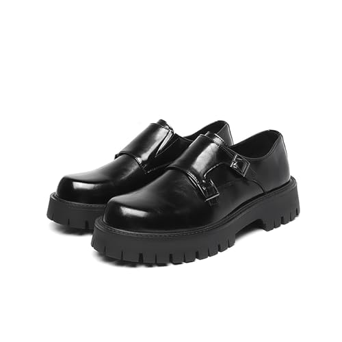 Men's Black Leather Platform Oxfords - Low Top Slip On Double Monk Strap Dress Shoes - Comfort Non-Slip, for Business Party Daily Wear