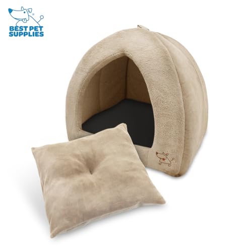 Image of Best Pet Supplies Cat Bed for Indoor Cat, Domed Tent House with Removable Pillow, Covered Cat Cave for Small Dog, Puppies and All Breeds of Cats - Tan, 18 x 18 x H:16 inch